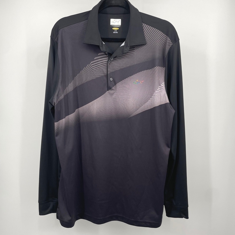 Greg Norman Mens Play Dry Long Sleeve Golf Polo Shirt Black Grey Graphic Large
